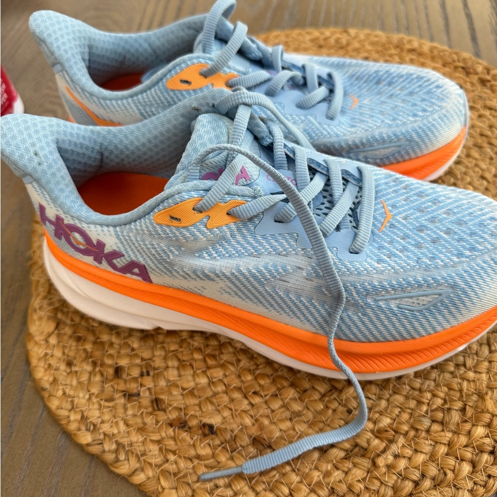 Hoka Athletic Shoes in Light Blue and Orange